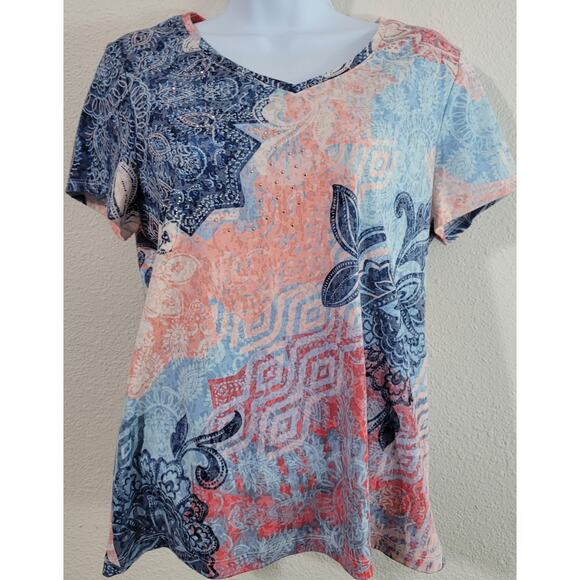 Zenergy Blue Pink Floral Print Top 1 Medium Rhinestone V-Neck Short Sleeves Soft - Picture 1 of 5